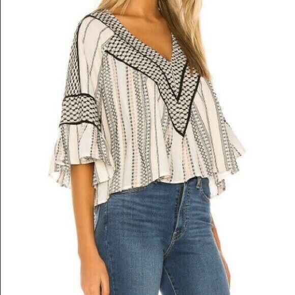 FREE PEOPLE Running On A Dream Top Womens S Multicolor Bell Sleeve Boho Peasant - Picture 4 of 13